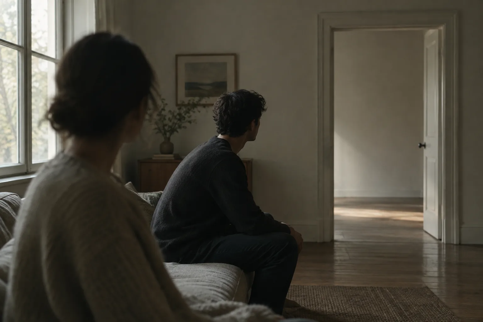 Deux silhouettes dans une pièce, l’une tournée vers une porte vide éclairée par une lumière douce.